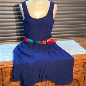 Blue Sleeveless Dress with Multicolor Belt